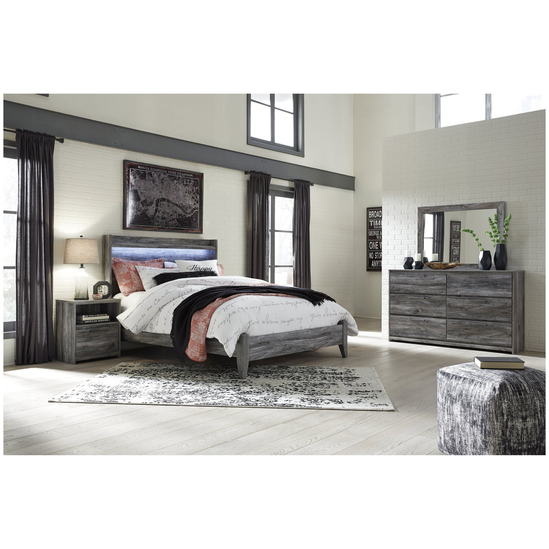 Baystorm Queen Panel Bed, Dresser, Mirror and Nightstand Ash-B221B17