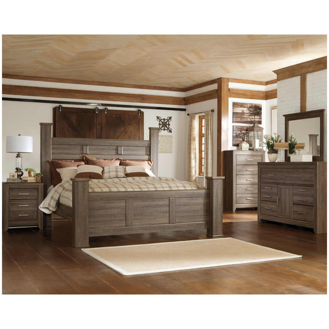 Juararo California King Poster Bed, Dresser, Mirror, Chest and 2 Nightstands Ash-B251B25