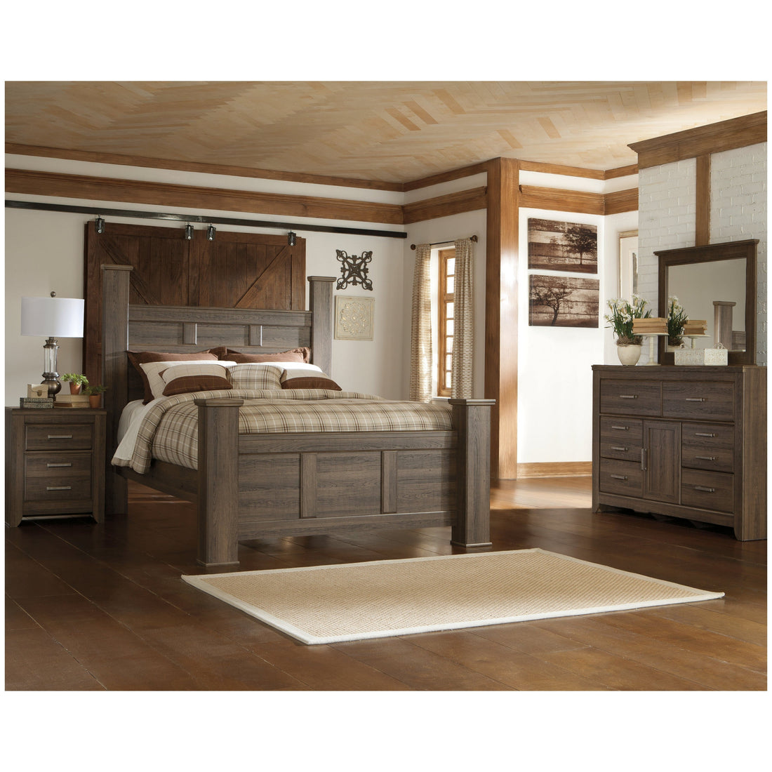 Juararo Queen Poster Bed with Mirrored Dresser and Nightstand Ash-B251B22