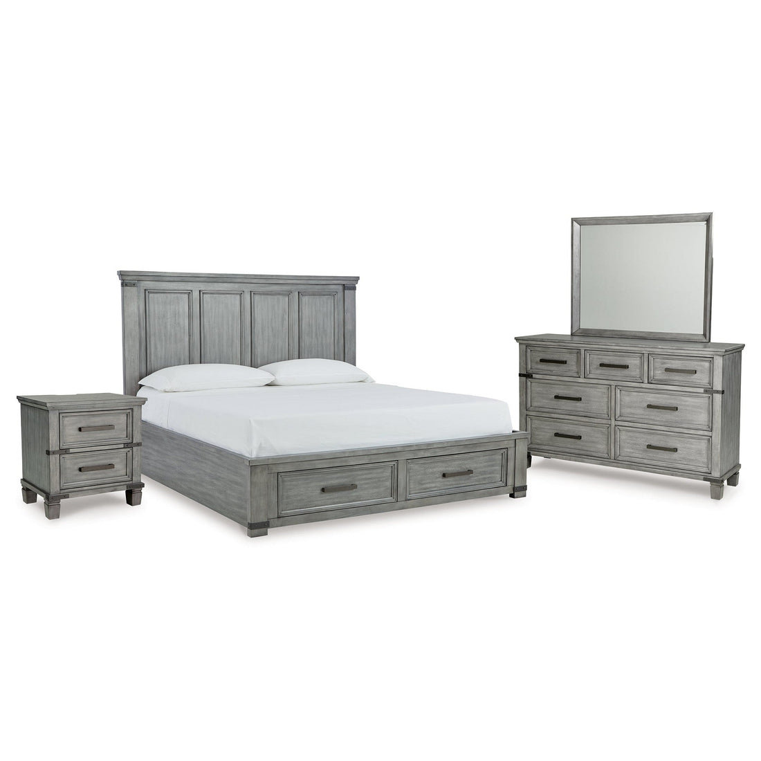 Russelyn California King Panel Storage Bed, Dresser, Mirror and Nightstand Ash-B772B11