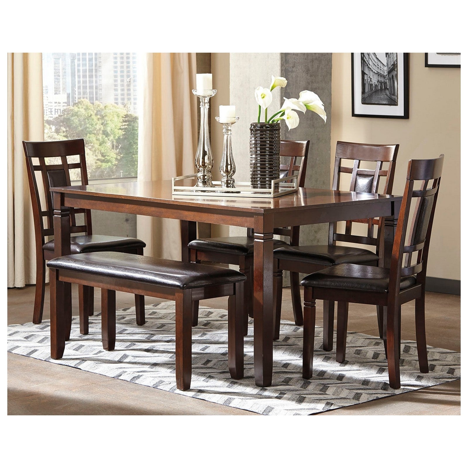 Bennox Dining Table and Chairs with Bench (Set of 6) Ash-D384-325