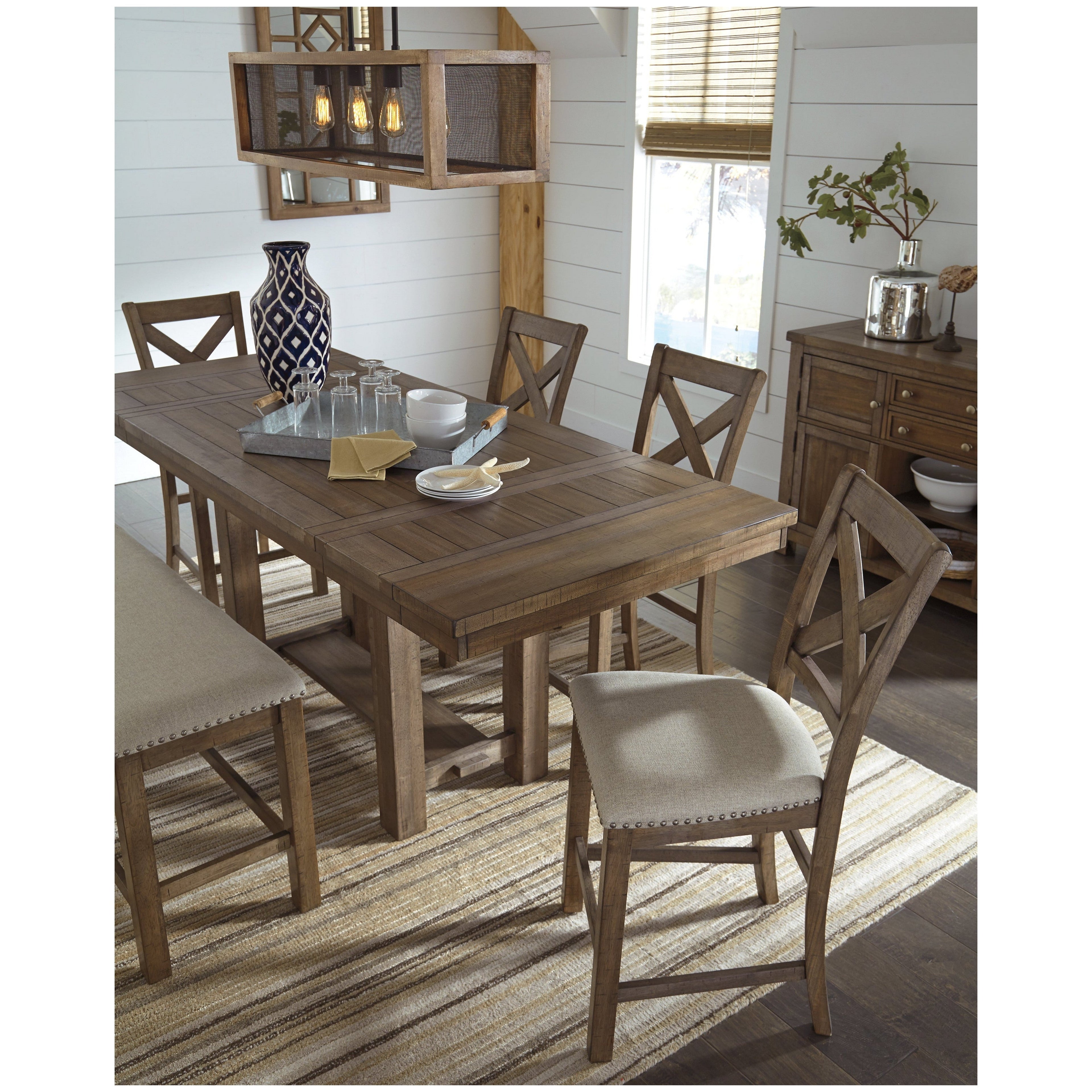 Moriville Counter Height Dining Table, 4 Barstools and Server Ash-D631D8