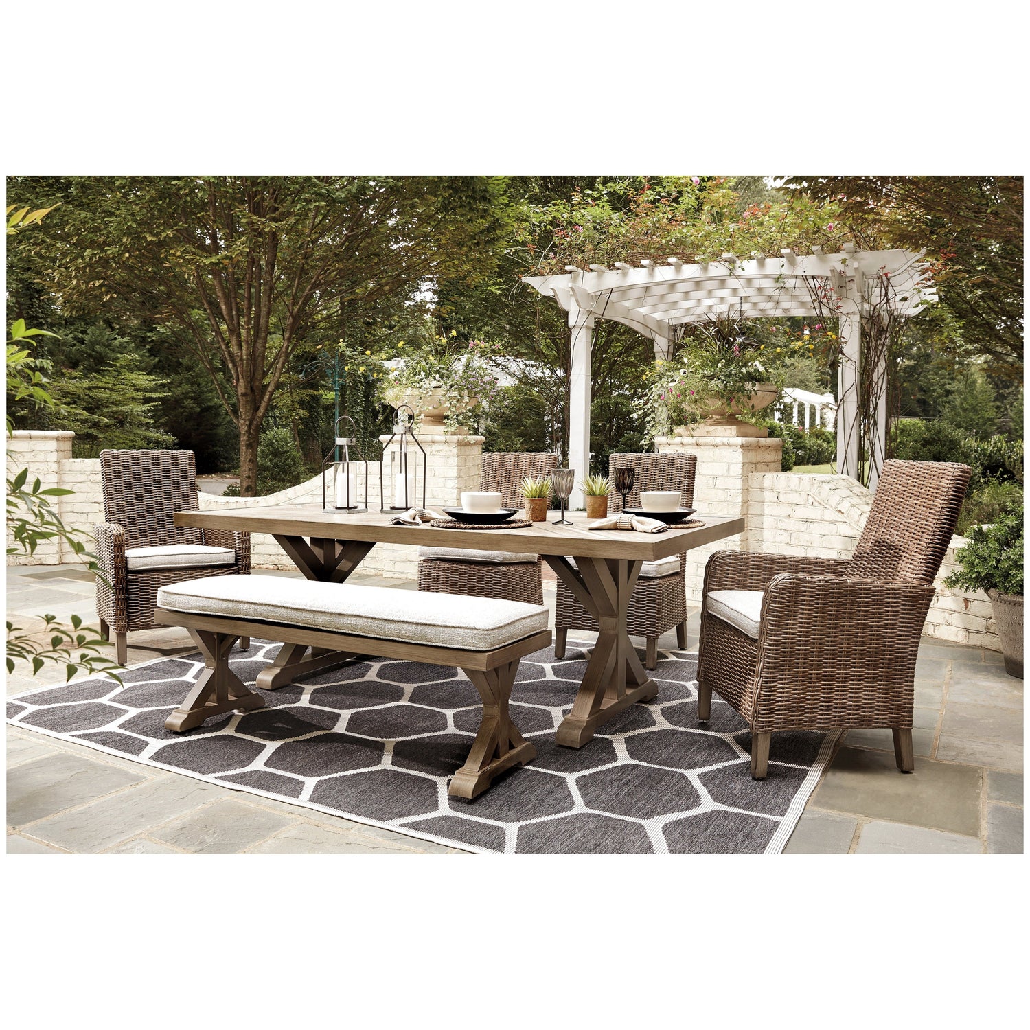 Beachcroft Outdoor Dining Table with 4 Chairs and Bench Ash-P791P4